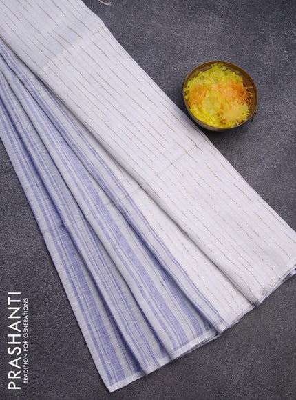 Pure linen saree blue and off white with allover stripe pattern and silver zari woven piping border