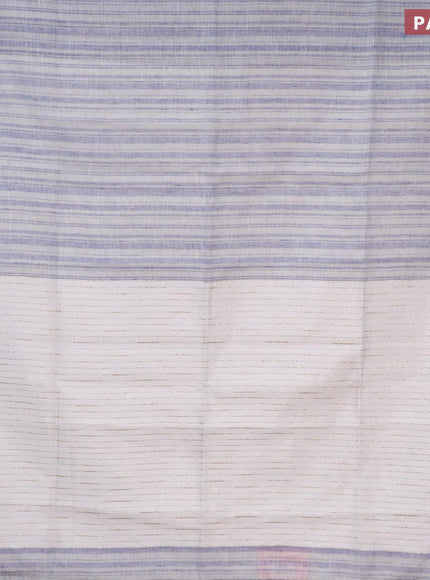 Pure linen saree blue and off white with allover stripe pattern and silver zari woven piping border