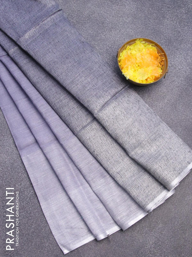 Pure linen saree grey with plain body and silver woven piping border