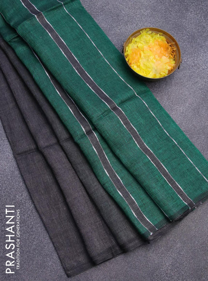 Pure linen saree elephant grey and green with plain body and piping border