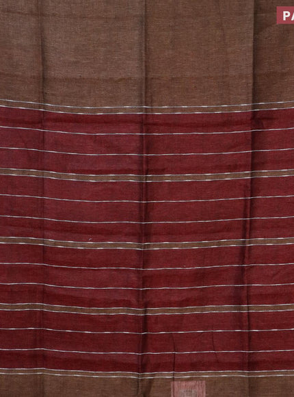 Pure linen saree pastel brown and maroon with plain body and piping border