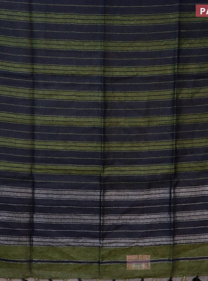 Pure linen saree sap green and navy blue with allover stripe pattern and piping border