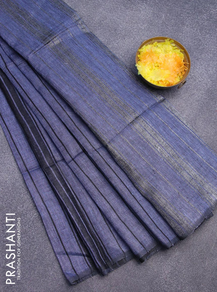 Pure linen saree blue shade and black with allover stripe pattern and piping border