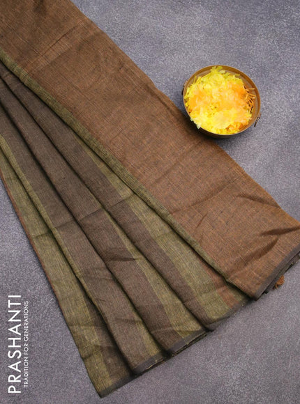 Pure linen saree mehendi green and brown with allover stripe pattern and piping border