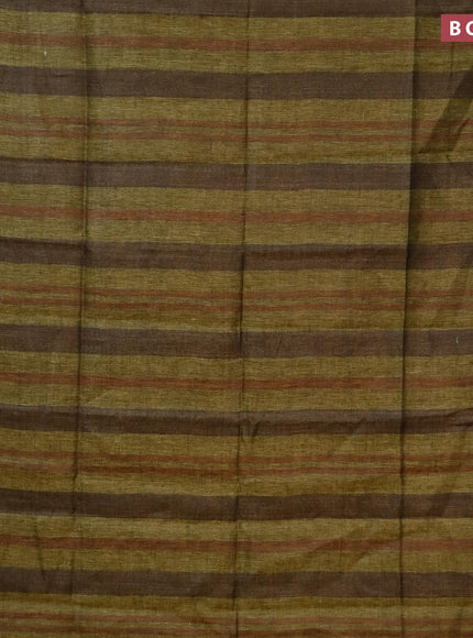 Pure linen saree mehendi green and brown with allover stripe pattern and piping border