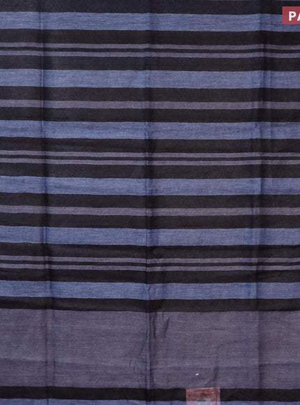 Pure linen saree black and blue with allover stripe pattern and piping border