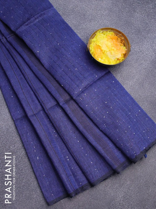 Pure linen saree blue with allover thread woven sequin work and piping border