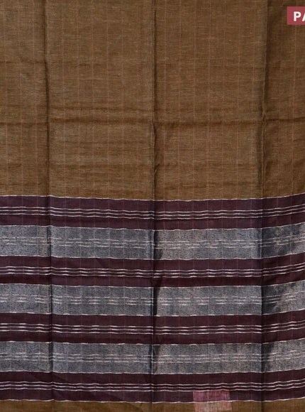 Pure linen saree chikku shade and wine shade with allover zari stripe weaves and zari woven piping border