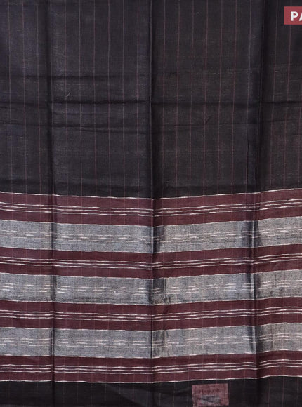 Pure linen saree black and rosy brown with allover zari stripe weaves and zari woven piping border