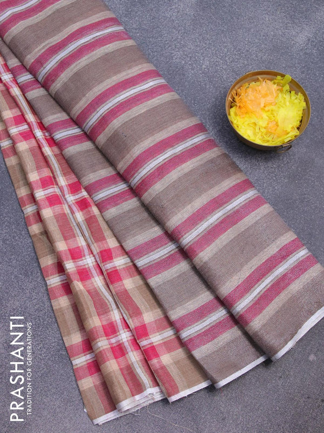 Pure linen saree pink and sandal with allover checked pattern and silver zari woven piping border