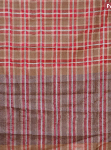 Pure linen saree pink and sandal with allover checked pattern and silver zari woven piping border