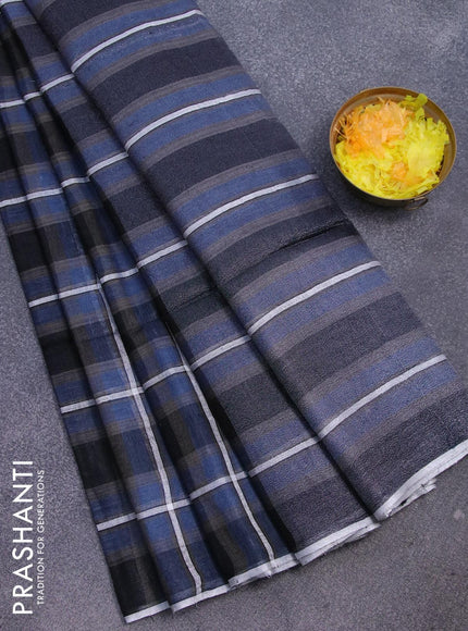 Pure linen saree blue and black with allover checked pattern and silver zari woven piping border