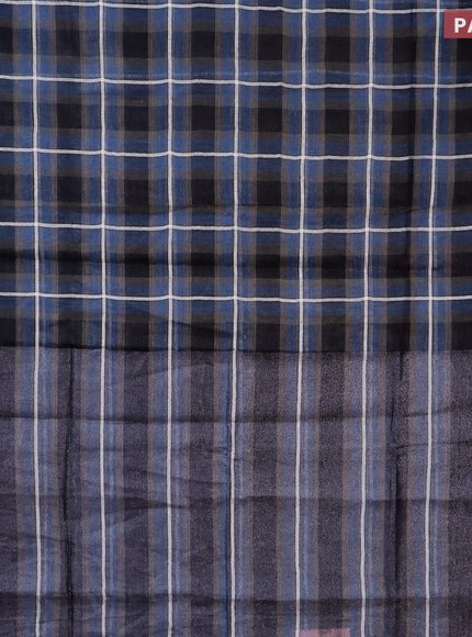 Pure linen saree blue and black with allover checked pattern and silver zari woven piping border