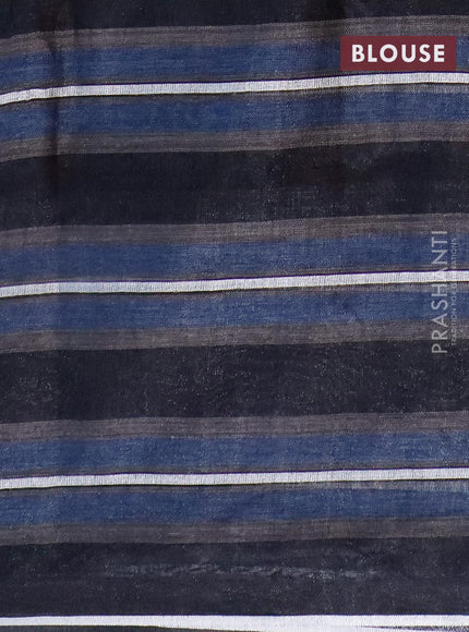 Pure linen saree blue and black with allover checked pattern and silver zari woven piping border