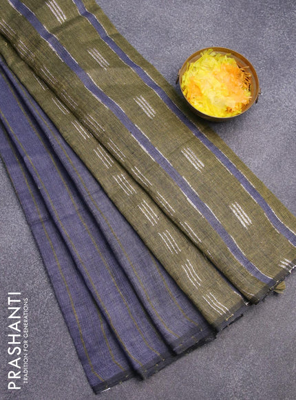 Pure linen saree grey and sap green with allover stripe pattern and piping border