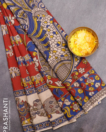 Kalamkari semi silk saree maroon and beige with butta prints and printed border