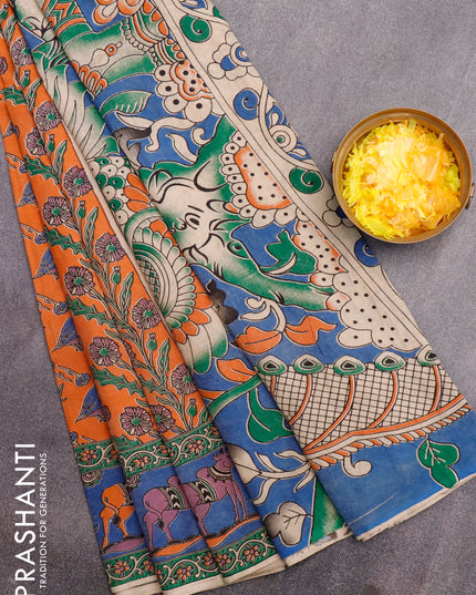 Kalamkari semi silk saree orange and blue with allover prints and printed border