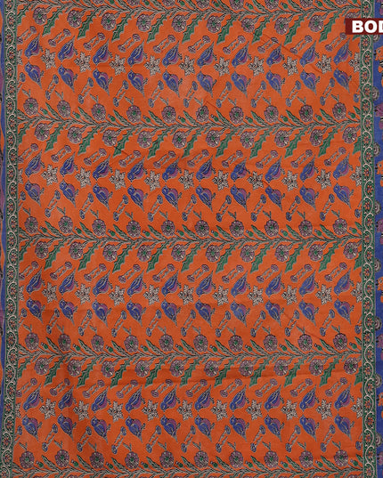 Kalamkari semi silk saree orange and blue with allover prints and printed border