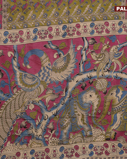 Kalamkari semi silk saree mehendi green and magenta pink with allover prints and printed border