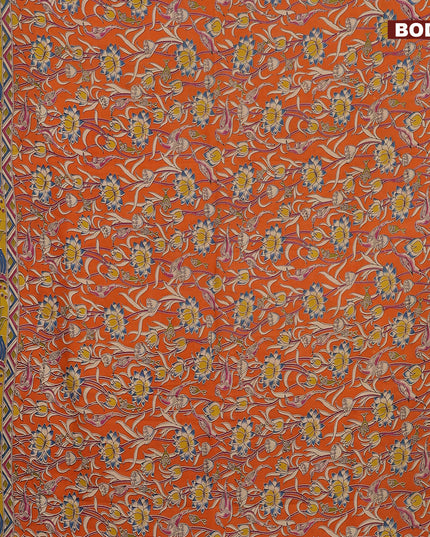Kalamkari semi silk saree orange and yellow with allover floral prints and printed border