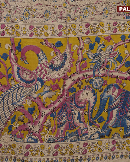 Kalamkari semi silk saree beige and yellow with allover floral prints and printed border