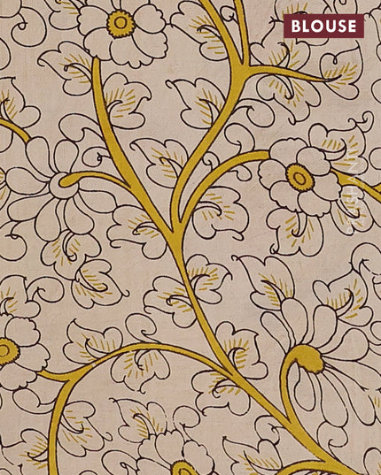 Kalamkari semi silk saree beige and yellow with allover floral prints and printed border