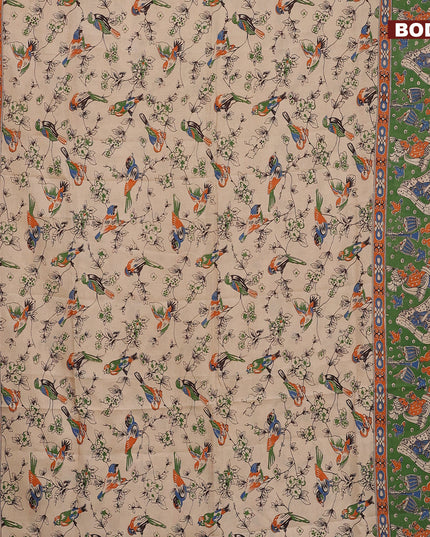 Kalamkari semi silk saree beige and green with allover floral prints and printed border