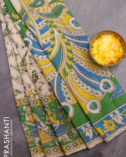Kalamkari semi silk saree beige and green with allover floral prints and printed border
