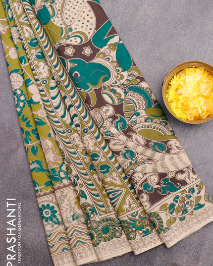 Kalamkari semi silk saree mehendi green and beige with allover kalamkari prints and printed border