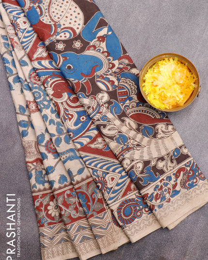 Kalamkari semi silk saree beige and maroon with allover kalamkari prints and printed border