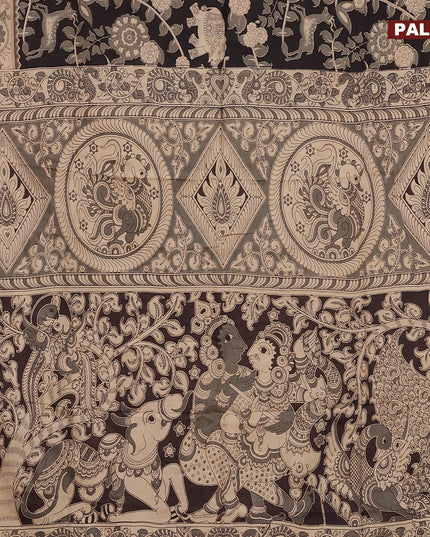 Kalamkari semi silk saree black and beige with allover kalamkari prints and printed border