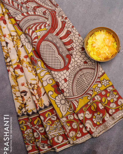 Kalamkari semi silk saree beige and maroon with allover prints and printed border