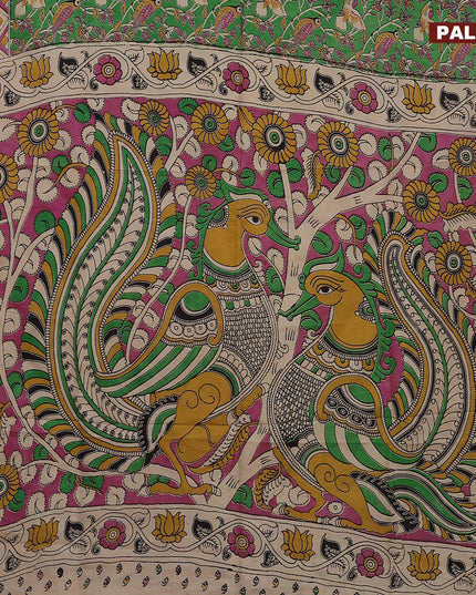 Kalamkari semi silk saree light green and dark pink with allover prints and printed border