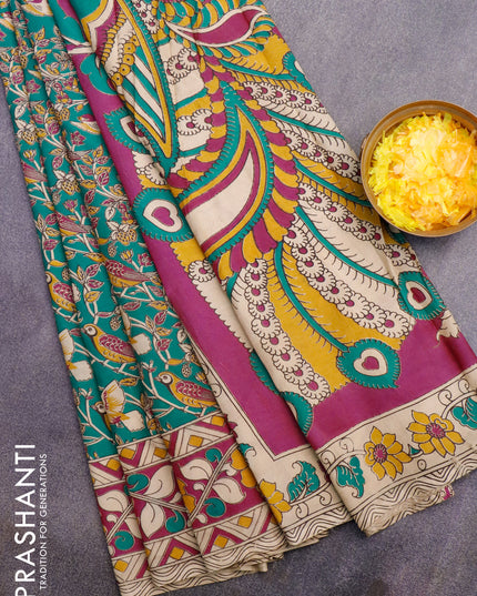 Kalamkari semi silk saree teal green and dark pink with allover prints and printed border