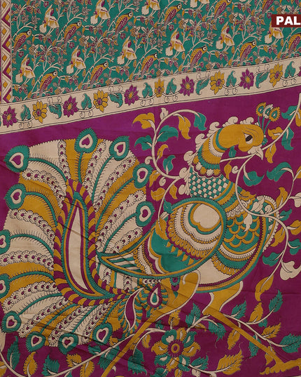 Kalamkari semi silk saree teal green and dark pink with allover prints and printed border