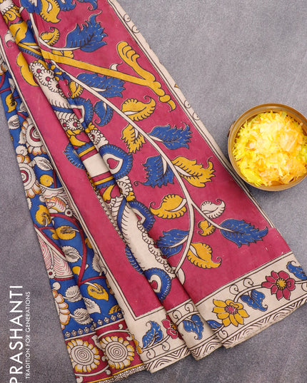 Kalamkari semi silk saree blue and dark pink with allover prints and printed border