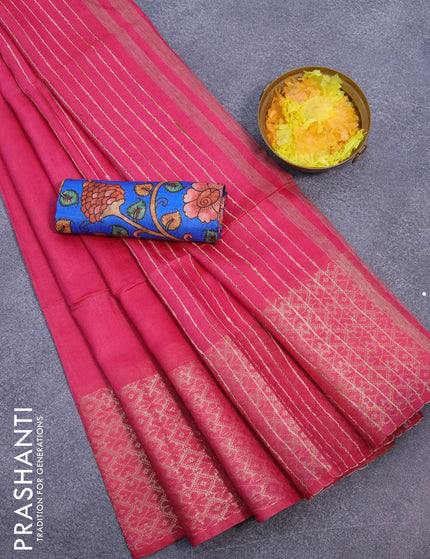 Semi tussar saree pink and royal blue with plain body and zari woven border & kalamkari printed blouse