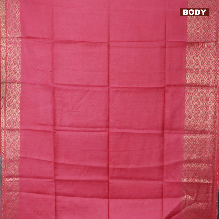 Semi tussar saree pink and royal blue with plain body and zari woven border & kalamkari printed blouse