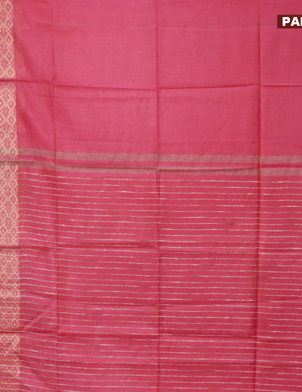 Semi tussar saree pink and royal blue with plain body and zari woven border & kalamkari printed blouse