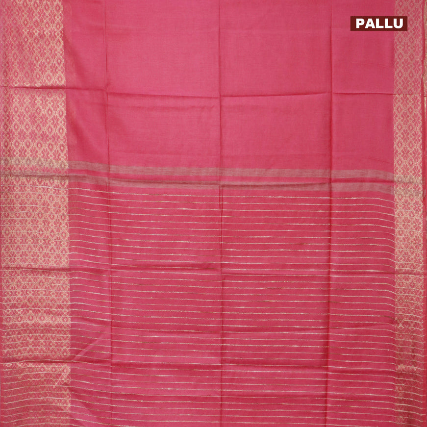 Semi tussar saree pink and royal blue with plain body and zari woven border & kalamkari printed blouse