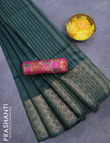 Semi tussar saree green and pink with plain body and zari woven border & kalamkari printed blouse