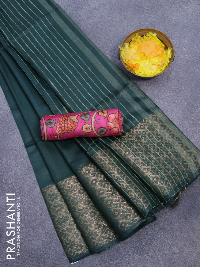 Semi tussar saree green and pink with plain body and zari woven border & kalamkari printed blouse