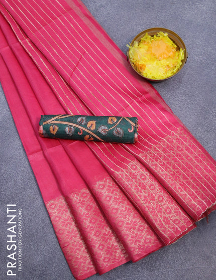 Semi tussar saree pink and dark green with plain body and zari woven border & kalamkari printed blouse