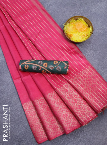 Semi tussar saree pink and dark green with plain body and zari woven border & kalamkari printed blouse