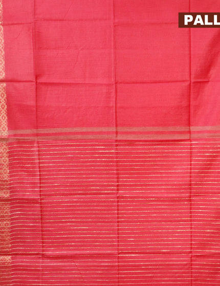 Semi tussar saree pink and dark green with plain body and zari woven border & kalamkari printed blouse