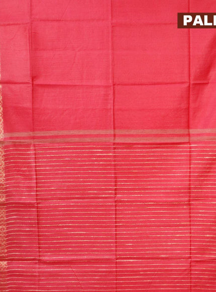 Semi tussar saree pink and dark green with plain body and zari woven border & kalamkari printed blouse