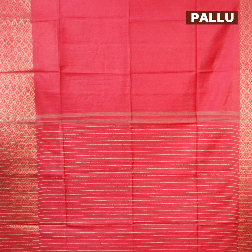 Semi tussar saree pink and dark green with plain body and zari woven border & kalamkari printed blouse