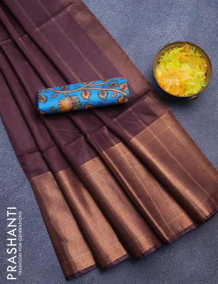 Semi tussar saree deep maroon and teal blue with plain body and long copper zari woven border & kalamkari printed blouse