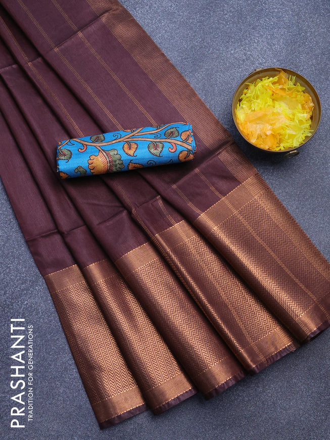 Semi tussar saree deep maroon and teal blue with plain body and long copper zari woven border & kalamkari printed blouse