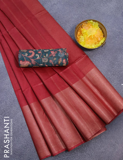 Semi tussar saree red and dark green with plain body and long copper zari woven border & kalamkari printed blouse